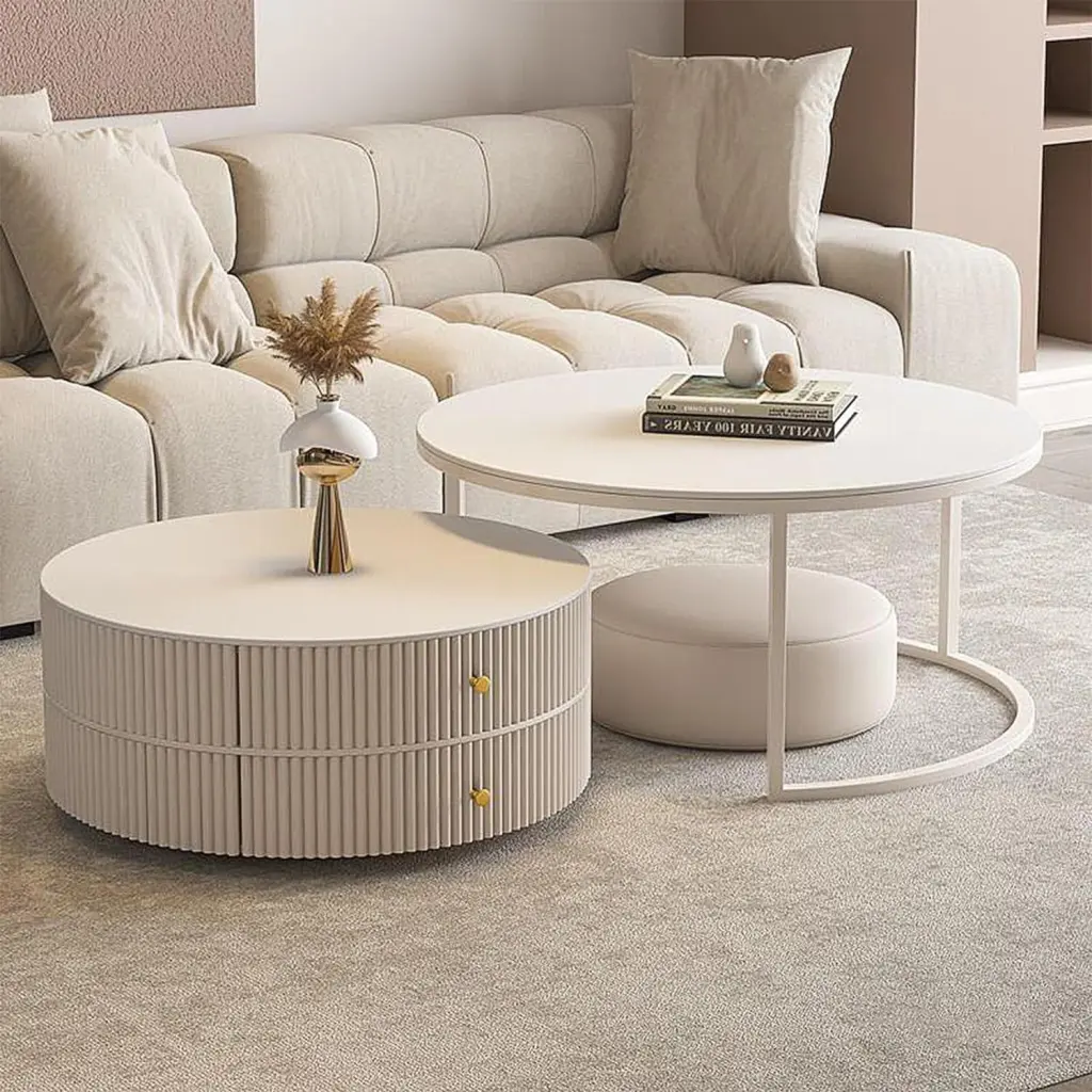 28IN Nesting Coffee Table Set 2 Ivory Wood Circle Embossed Design Leather Stool and 2 Drawers Kadaligh