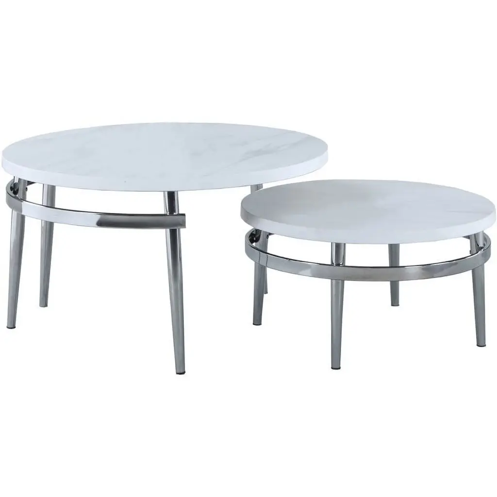 Pemberly Row Contemporary Round Nesting Coffee Table White and Chrome