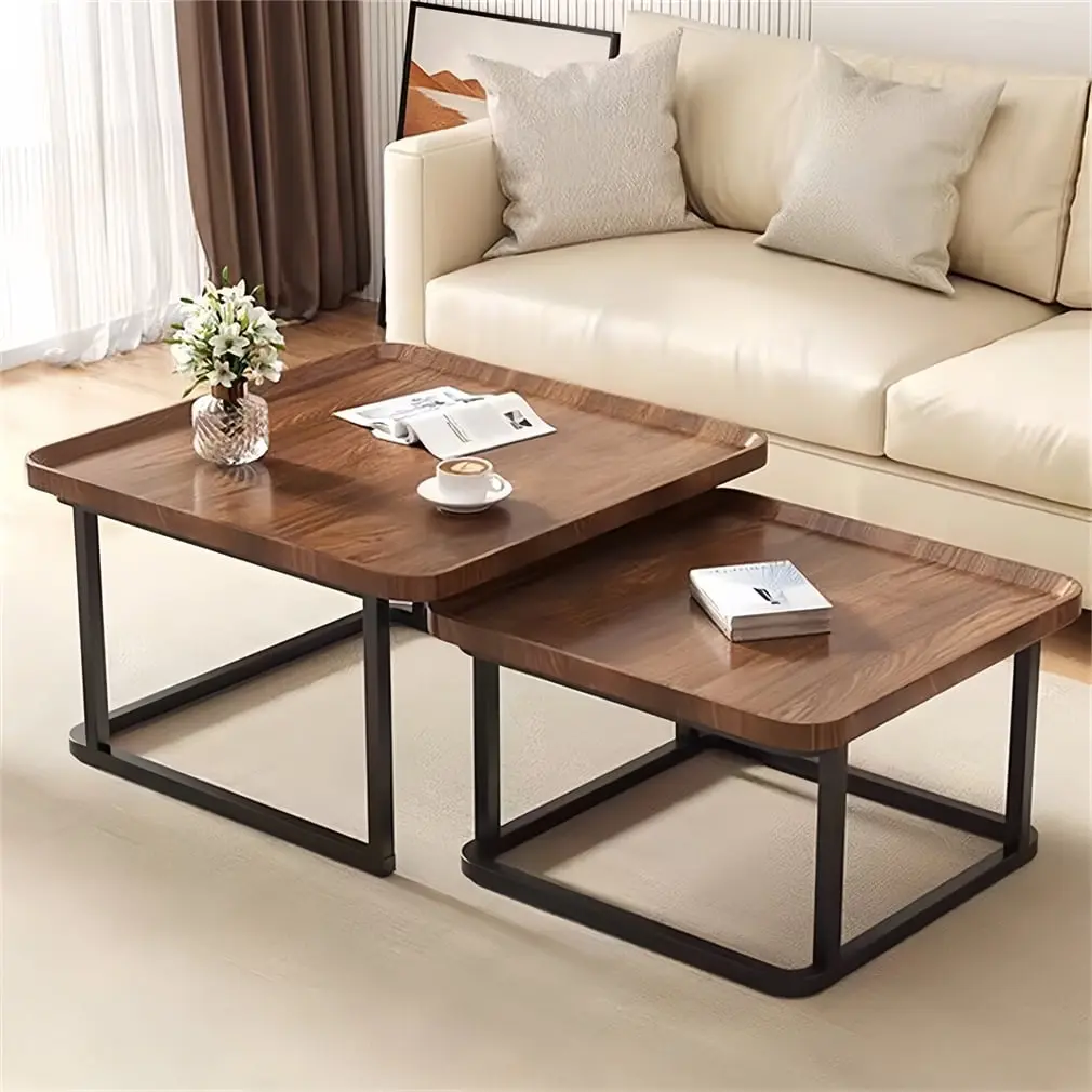 Wisfor Square Nesting Coffee Table Set 2 Walnut Side Tables