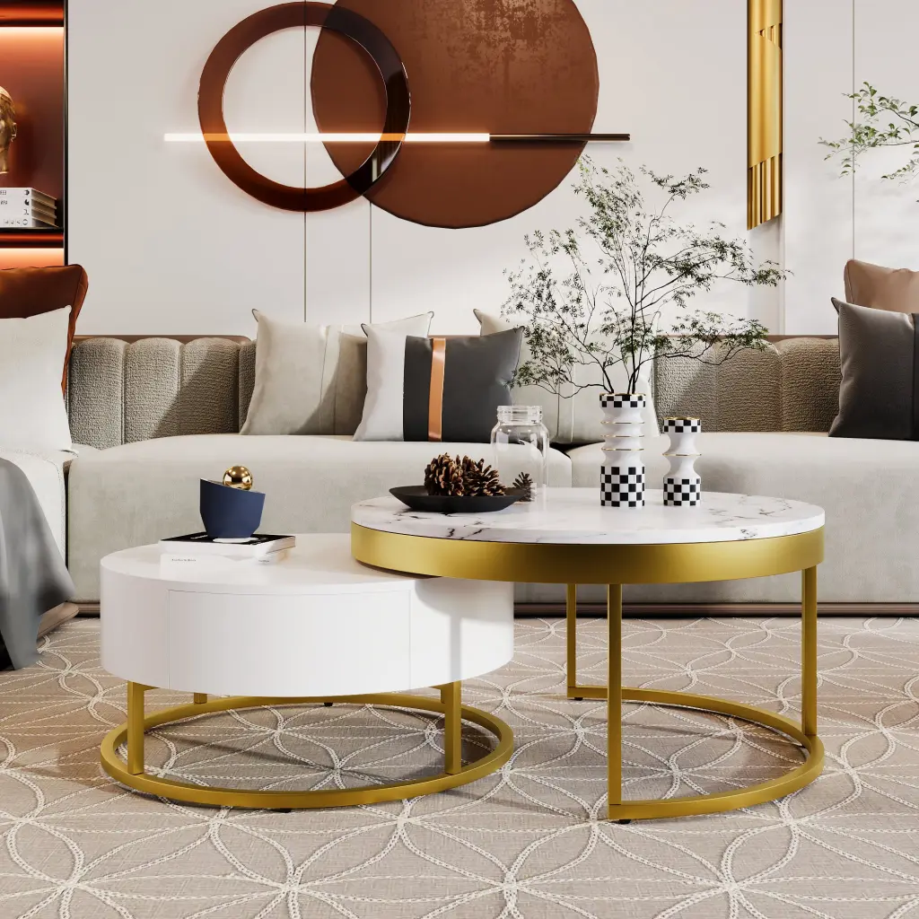 Modern White and Gold Round Nesting Coffee Table Drawers changes