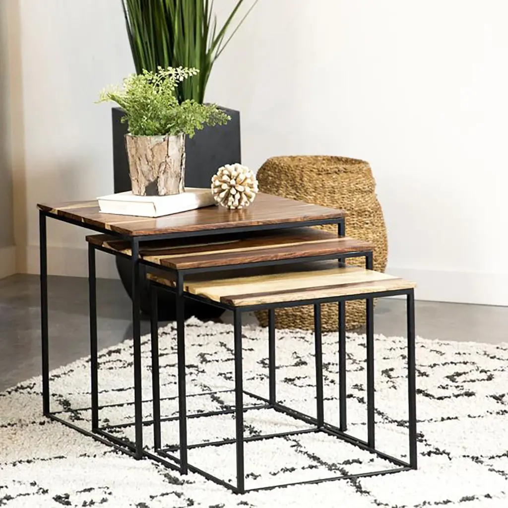 3 Piece Nesting Table Set Natural and Black Living Room Space Saving furniture max