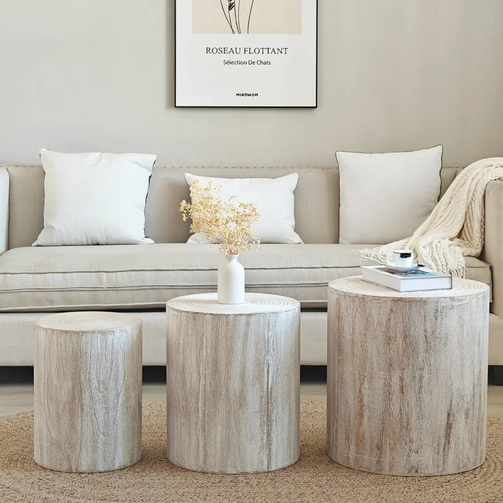 Set 3 Whitewash Wood Coffee Tables Visible Tree Rings Design grandboard home