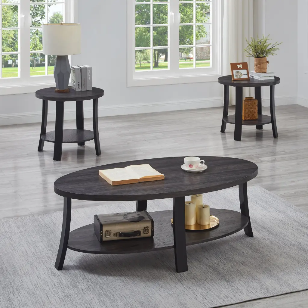 Anze Contemporary Oval Wood Shelf 3 Piece Coffee Table Set Charcoal Finish hz