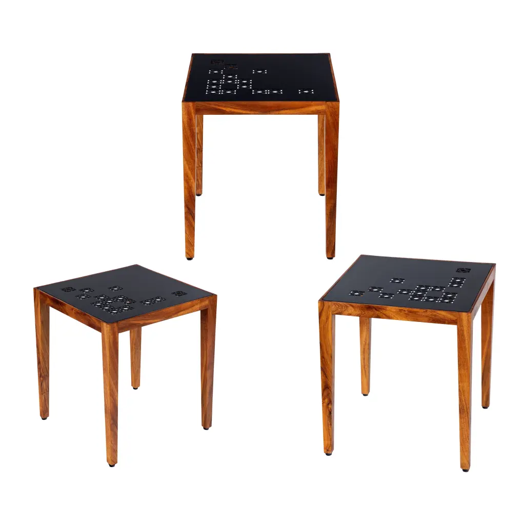 LANTRO JS Alba 22 Inch 3 Piece Nesting Table Set Laser Cut Metal Black and Brown