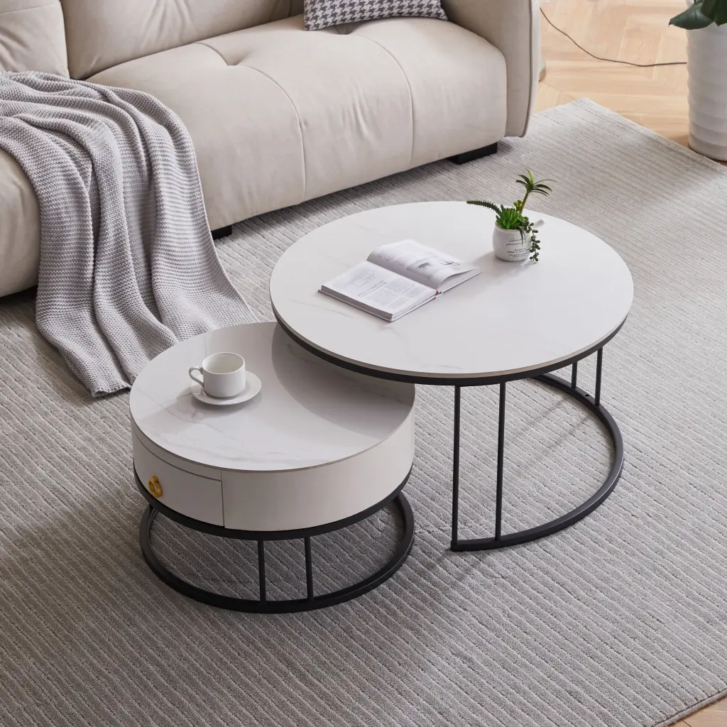 Coffee Table Nesting Set 2 Circular Sintered Marble Stone modasi