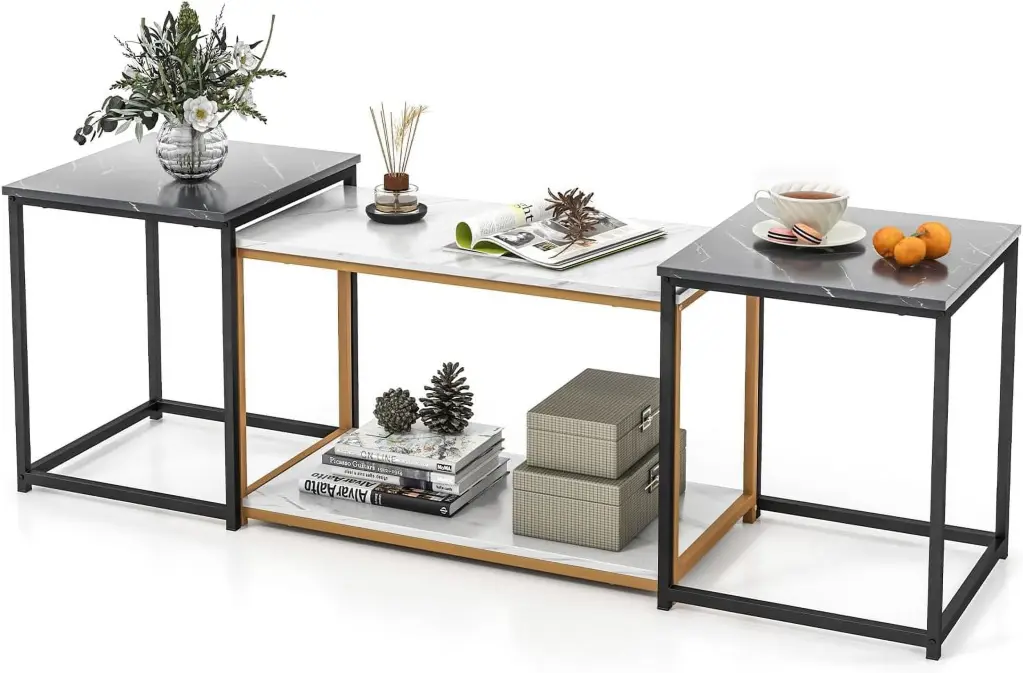 Modern Nesting Coffee Table 3 PCS Faux Marble Top End Table Set Heavy Duty Metal Frame