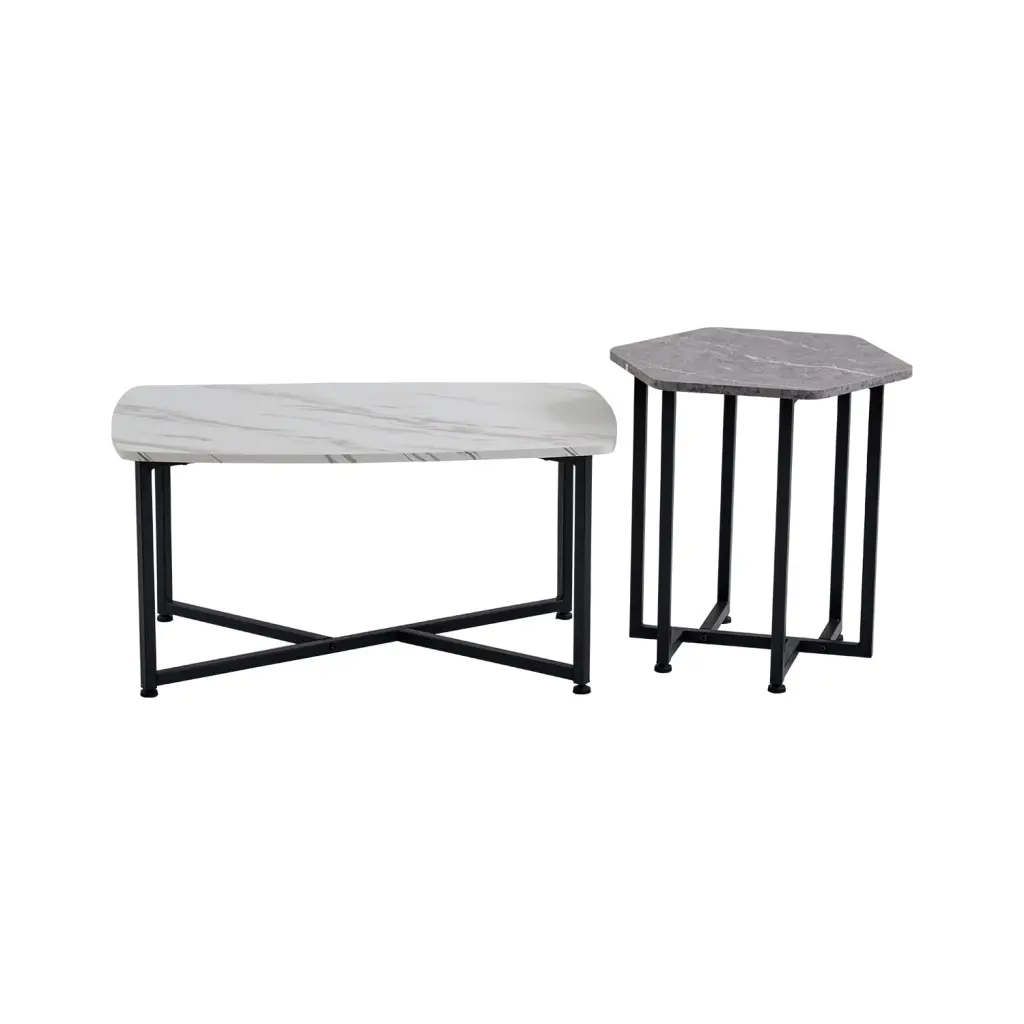 Set 2 Modern Nesting Coffee Tables Marble Top and Black Metal Frame New DJ Corp