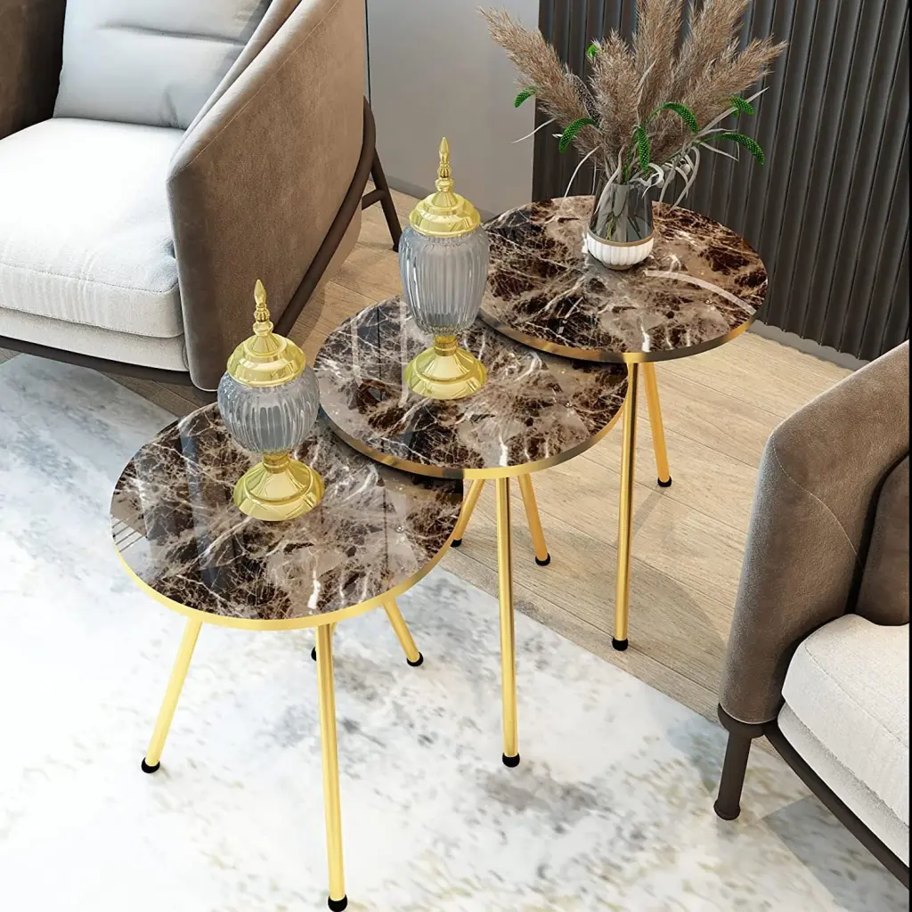 SUNRISE Set 3 High Gloss Brown Marble Gold Legs Nesting End Tables Small Spaces PAK Home