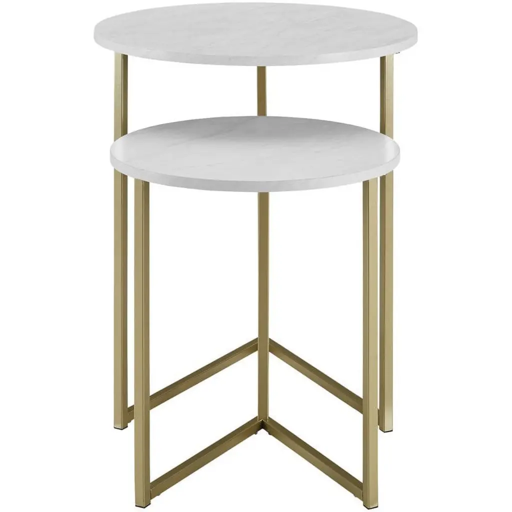 Pemberly Row V-Leg Nesting End Tables Faux White Marble and Gold Set 2