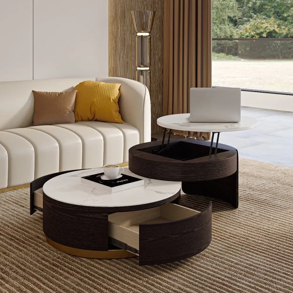 POVISON Lift-top Modern Nesting Coffee Table Set 2 White Sintered Stone Coffee Table Set Living Room