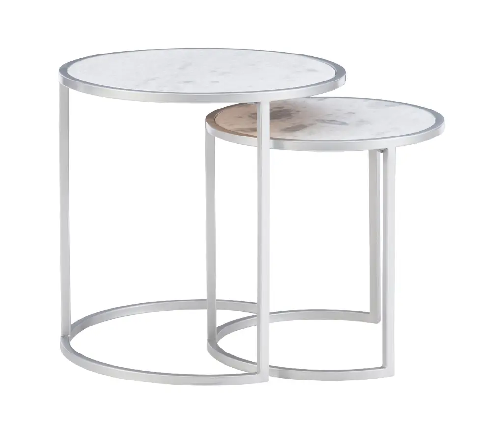 Heather Round Nesting Tables Set 2 Silver Metal Base White Marble Tops Powell