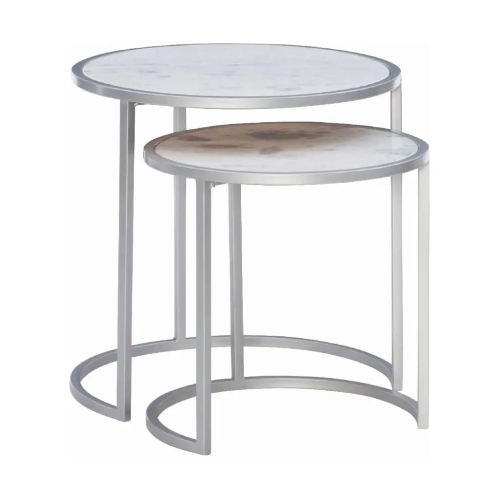 Powell Fraya Nesting Side Tables Silver Metal Base and White Marble Tops