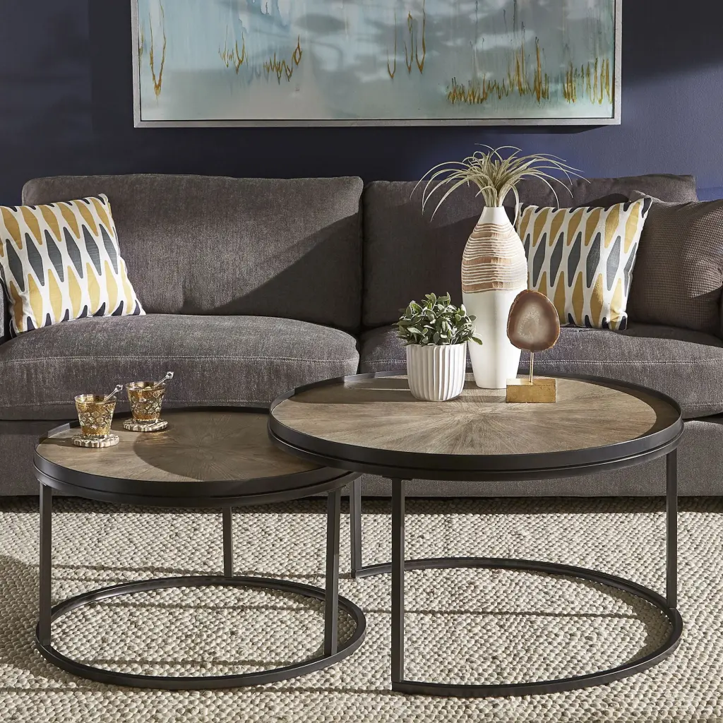 Weston Home Bluff Modern Wood and Metal Round Nesting Coffee Table 2 Piece Gray Oak