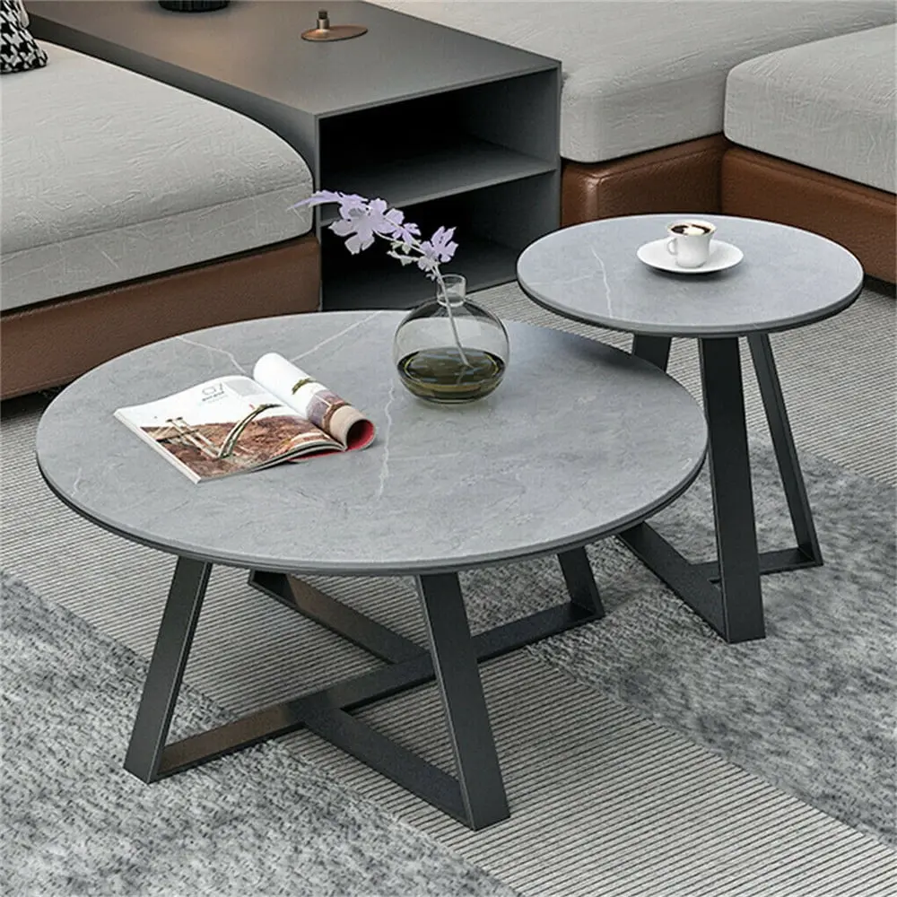 Set 2 Modern Nesting Coffee Tables Marble Top and Solid Metal Base Wisfor