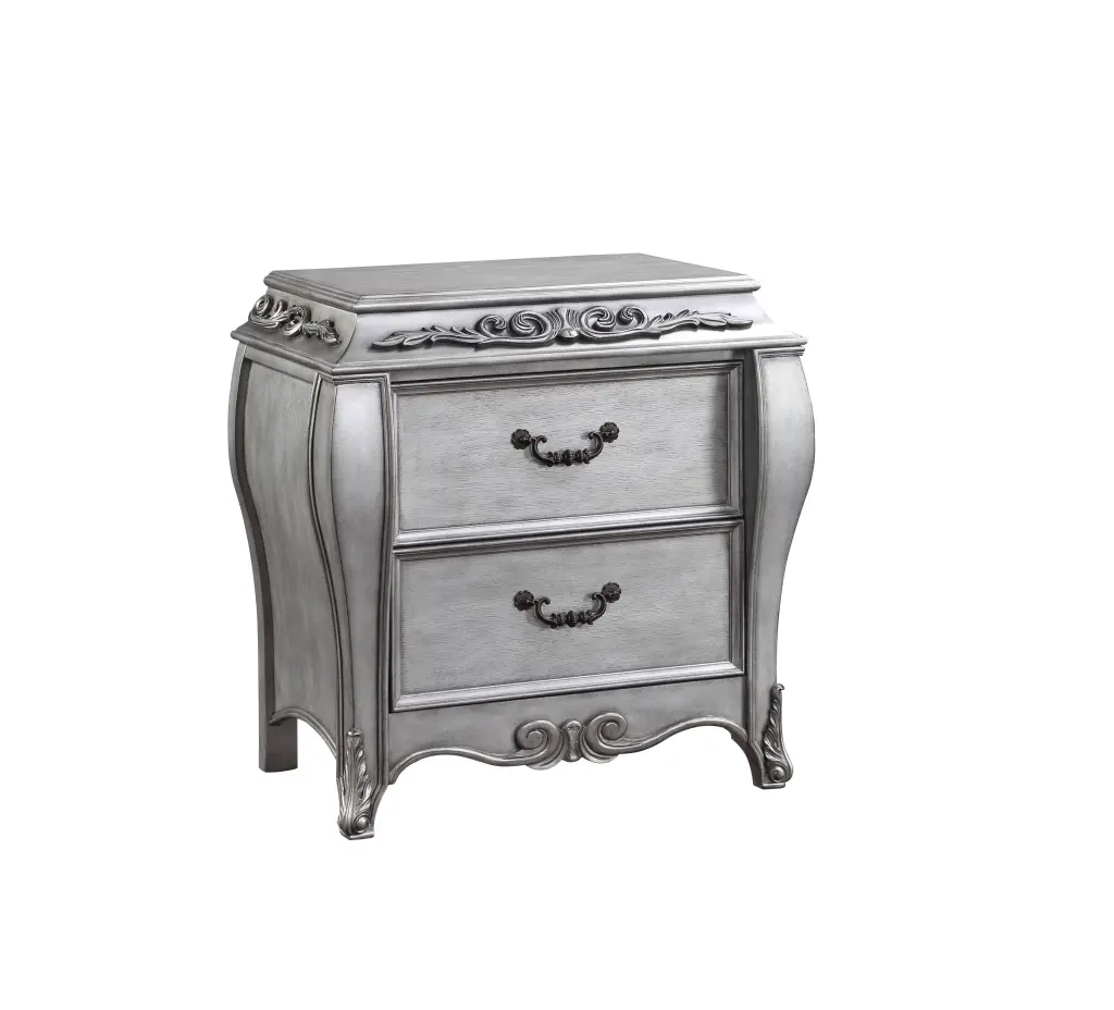 Leonora Nightstand Vintage Platinum Finish Silver Wood Design acme onsite store