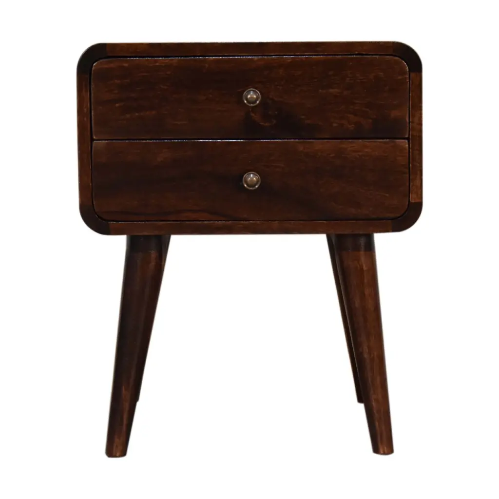 Solid Wood Curved Dark Walnut Bedside Table 2 Drawers Brown Nightstand artisan furniture