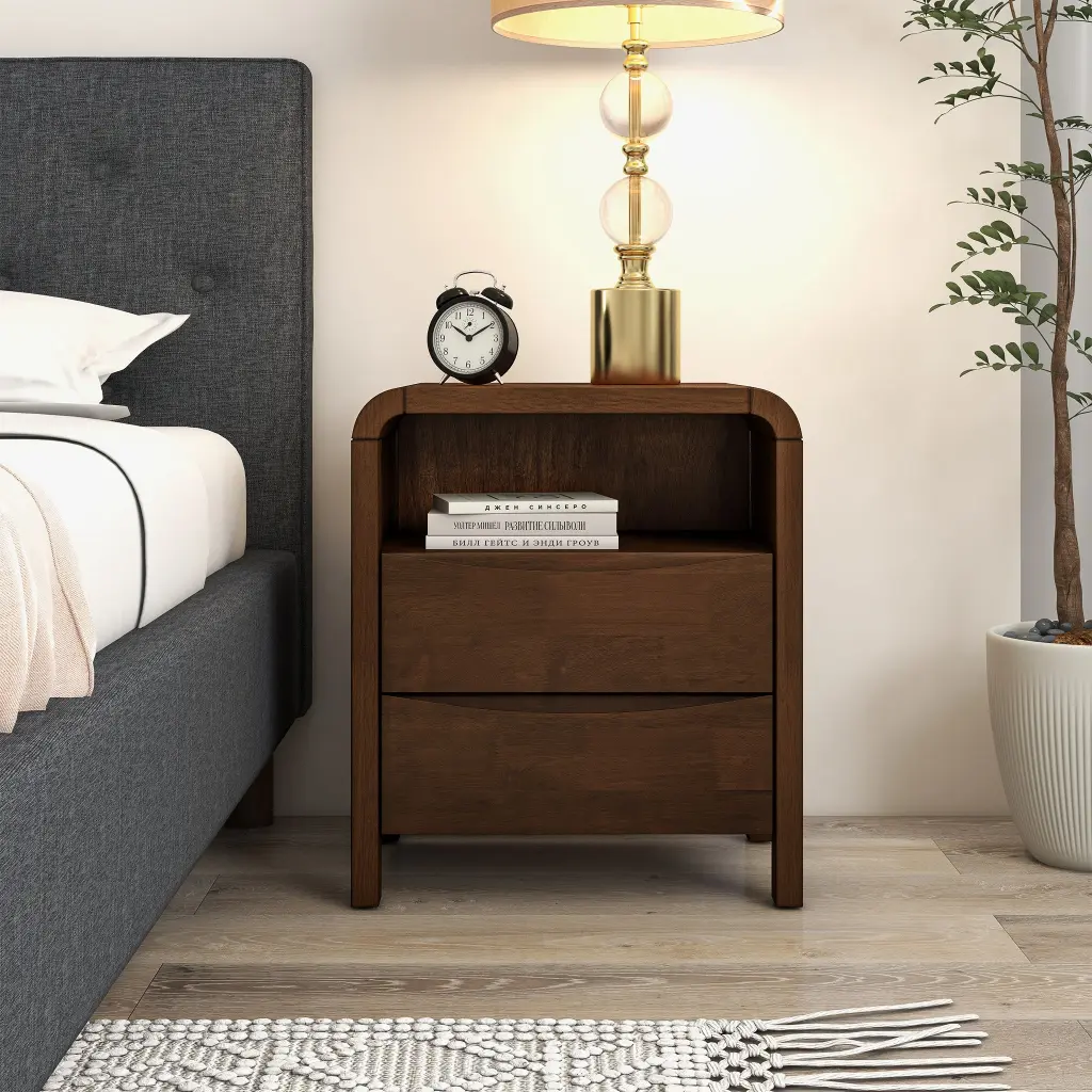 Lionel Mid Century Modern Solid Timber Nightstand 2 Drawer Brown ashcroft furniture