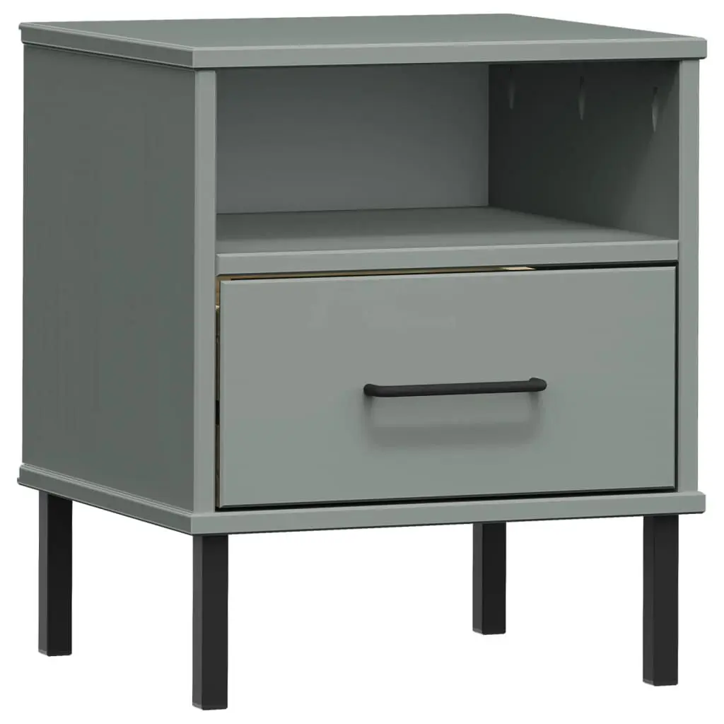 Bedside Cabinet Metal Legs Gray Solid Wood Pine OSLO Modern Nightstand