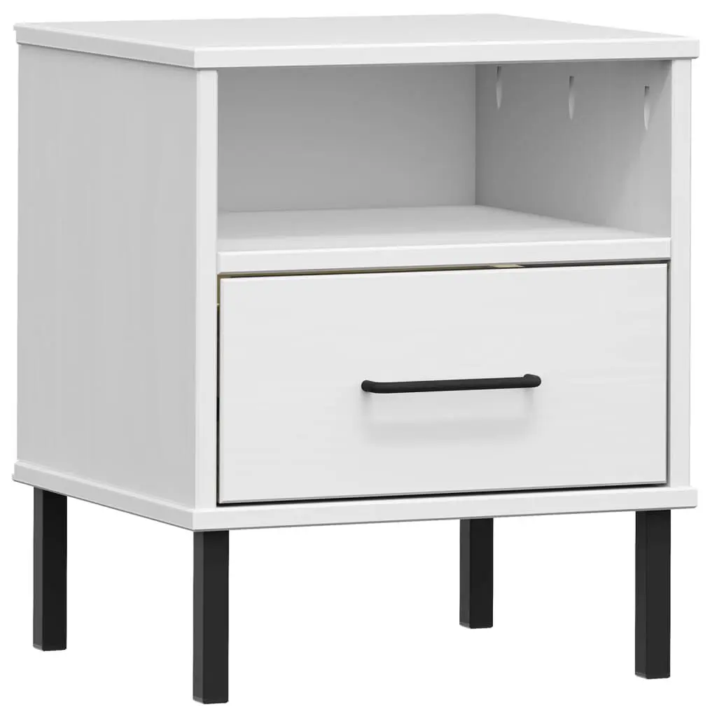 Bedside Cabinet Metal Legs White Solid Wood Pine OSLO Nightstand