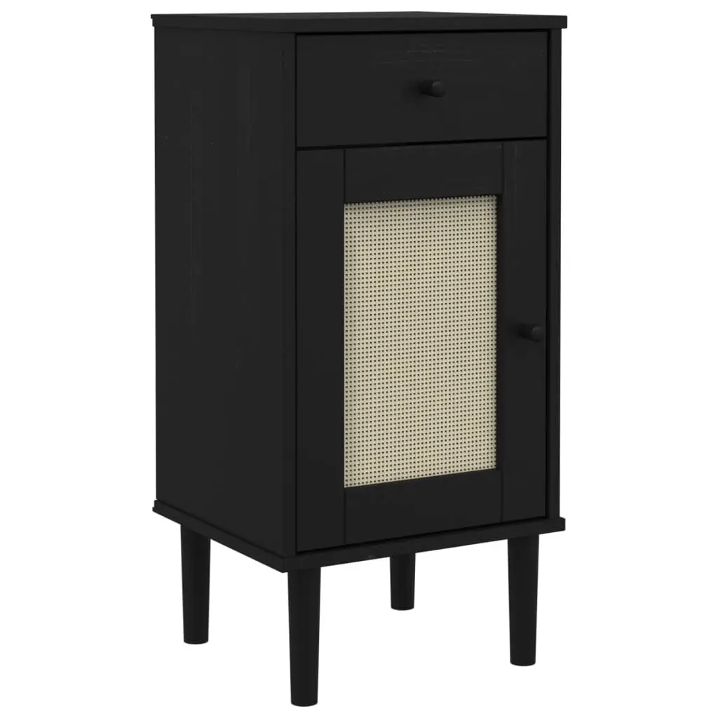 Bedside Cabinet SENJA Rattan Look Black 15.7x13.8x31.5 Inches Solid Wood Pine Nightstand