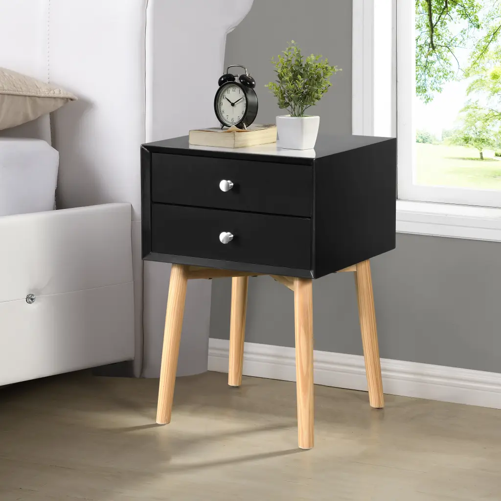 Side Table Bedside Table 2 Drawers And Rubber Wood Legs Mid Century Modern Design civilfurniture