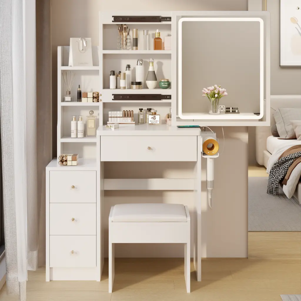 Small Space Left Bedside Cabinet Vanity Table Cushioned Stool, 2 AC Outlets crazy elf