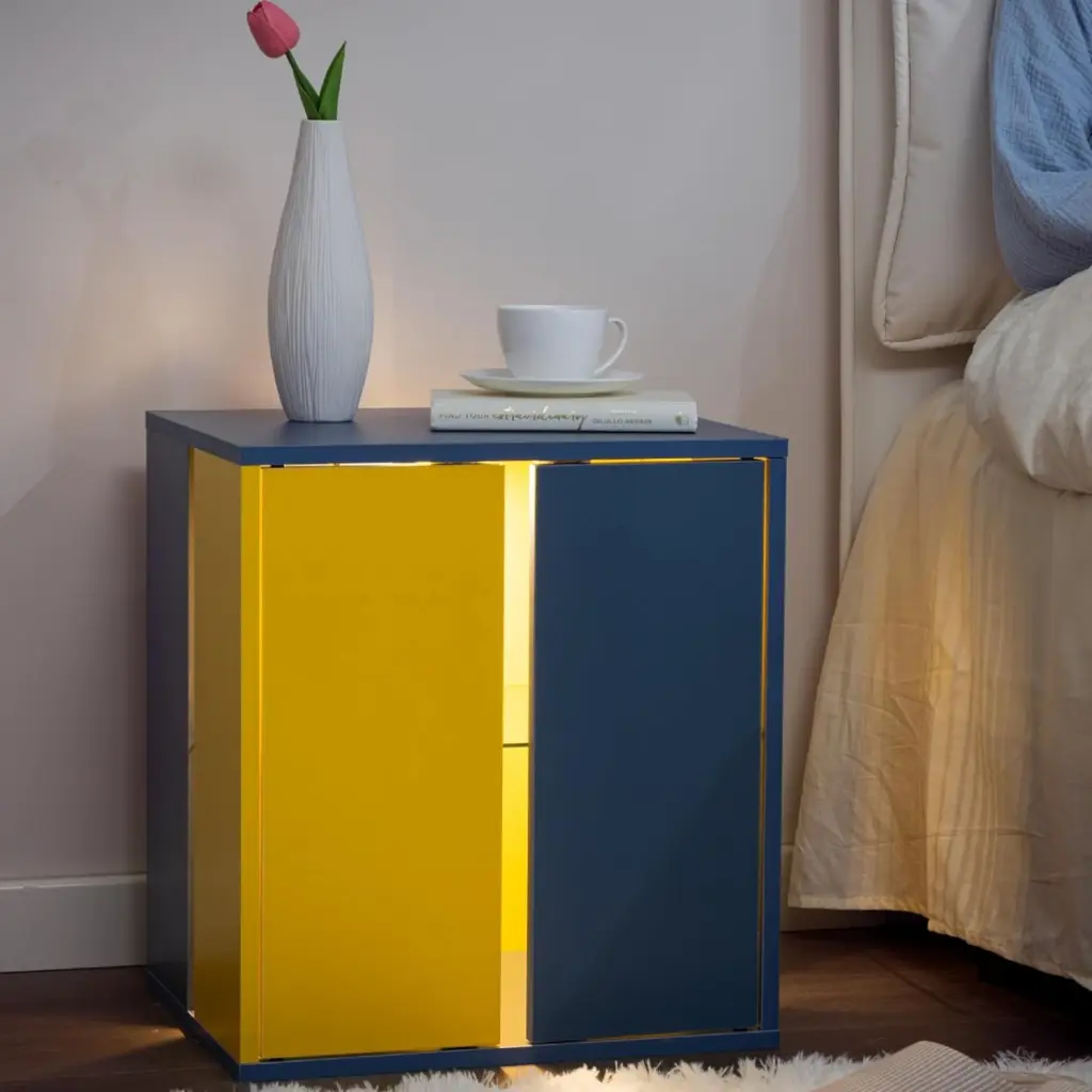 Bedside Tables LED Farmhouse Gray Nightstand Glass Shelf cubehom