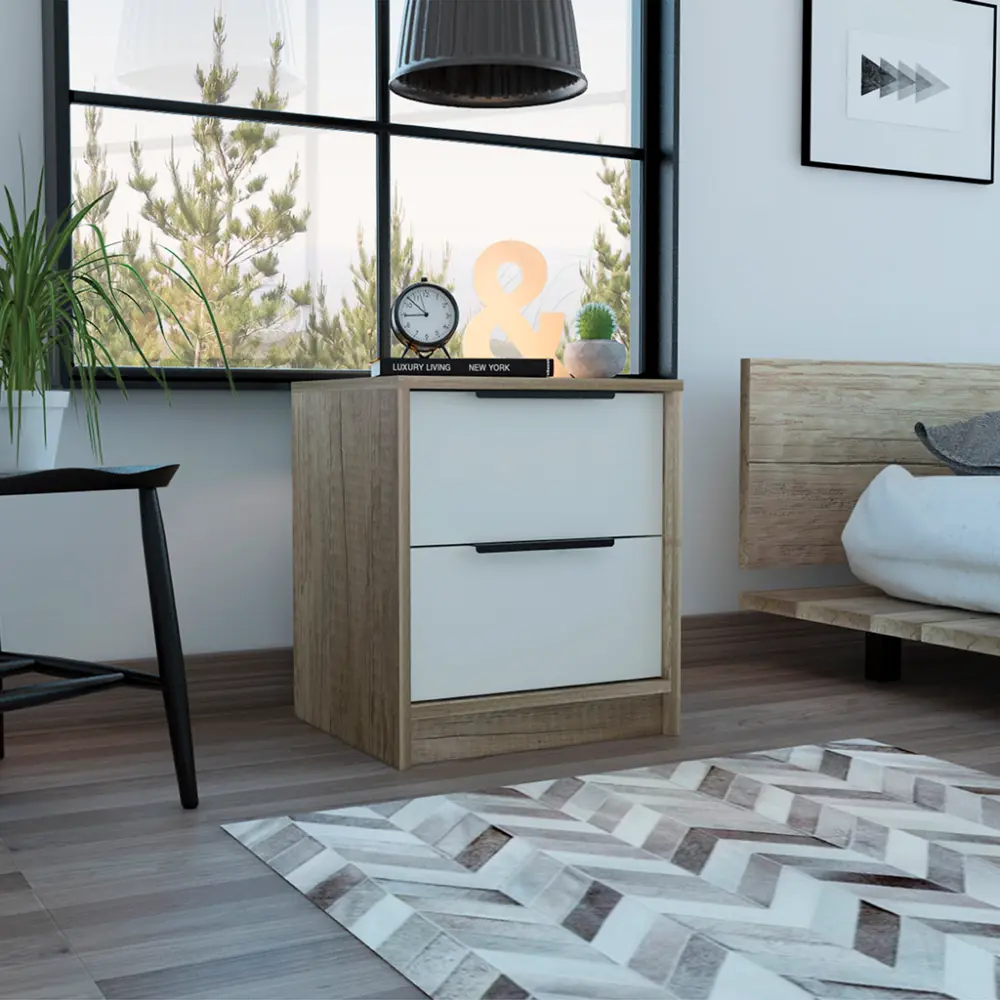 Modern Nightstand 19 Inches Height Two Drawers White Light Oak Multicolor Parti depot e-shop