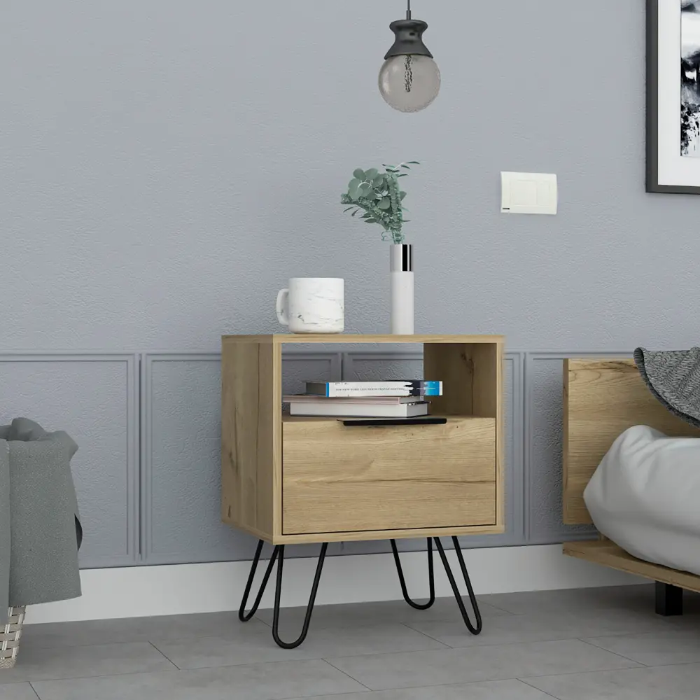 Nightstand 22 Inch Height One Open Shelf Single Door Cabinet Hairpin Legs depot e-shop