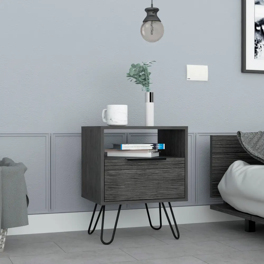 Nightstand 22 Inch Height Open Shelf Single Door Cabinet Hairpin Legs Small Bedside Table depot e-shop
