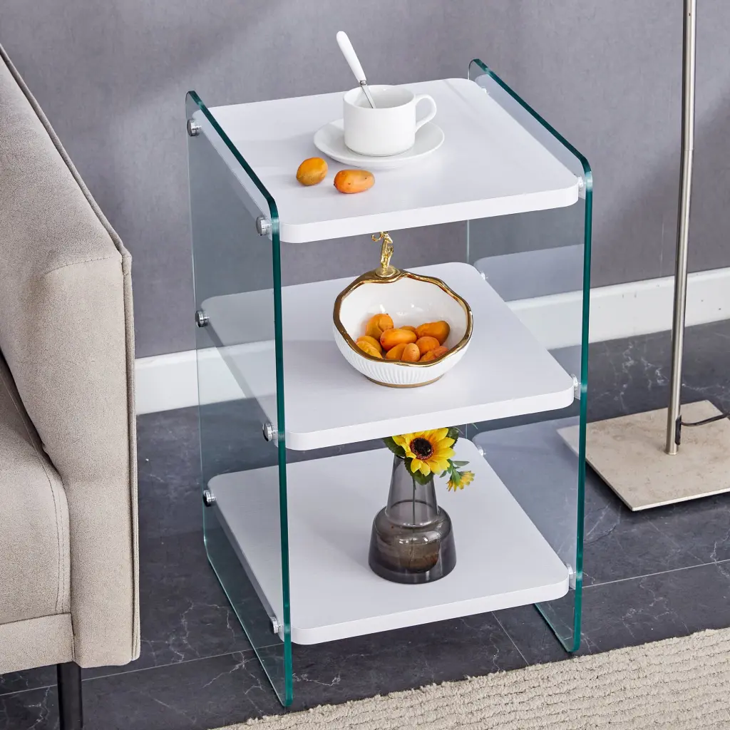 Three Levels Bedside Tables MDF Board Surface White Finish droom w-1151
