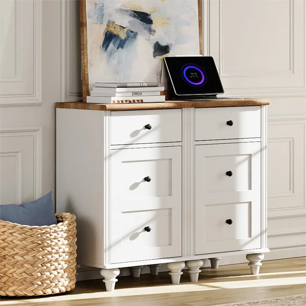Set 2 Nightstands Charging Station - Bedside Table Built- Outlets and Drawer Storage Off-White FITUEYES