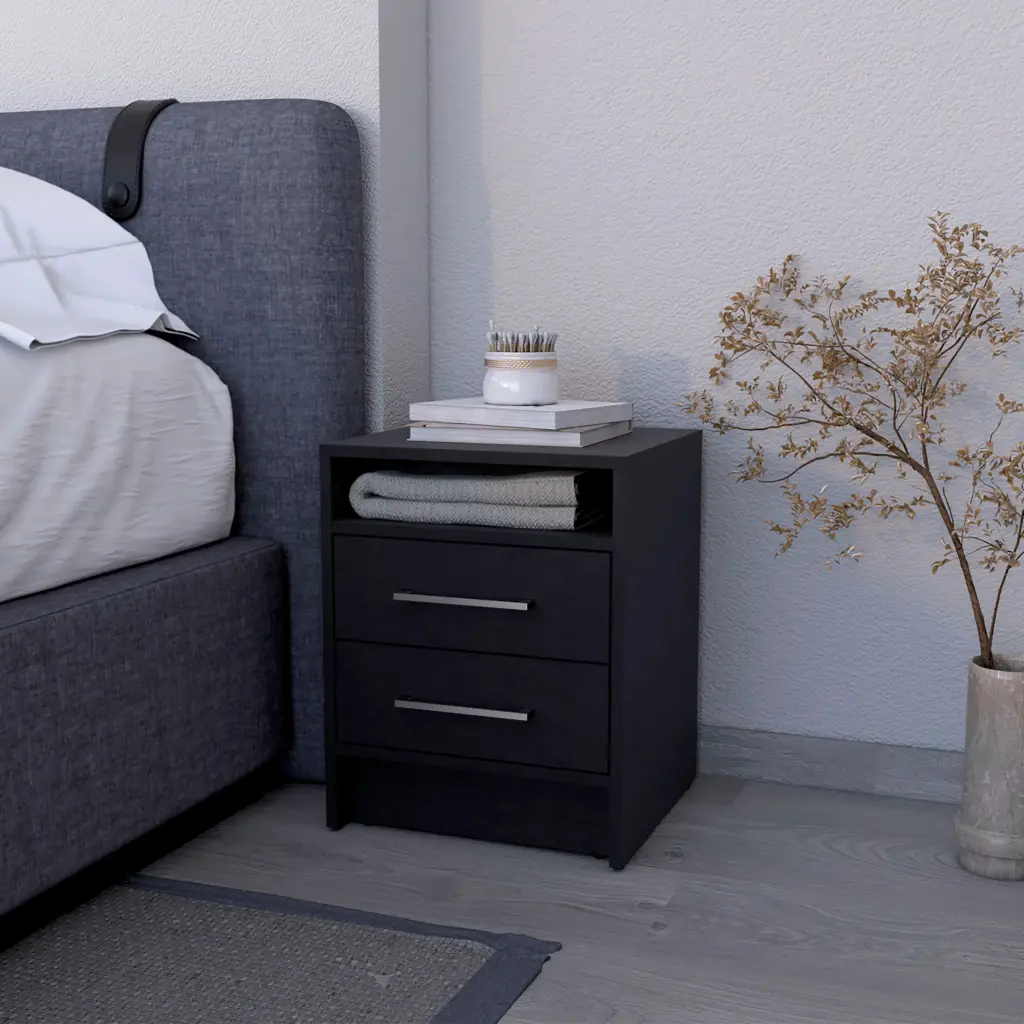 Black 2 Drawer Nightstand Melamine Bedside Table Storage Modern Bedroom Furniture furniture max