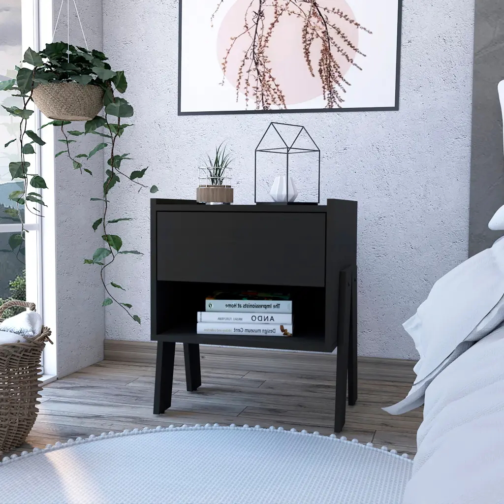 Black Wengue 1 Drawer 1 Shelf Nightstand Black Particle Board Bedside Table furniture max