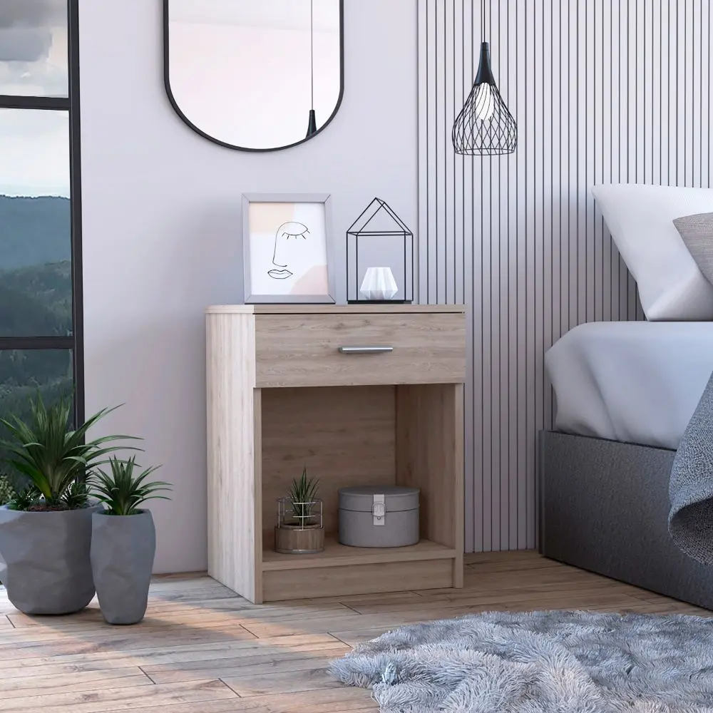Light Grey 1 Drawer 1 Shelf Nightstand Light Gray Particle Board Bedside Table furniture max
