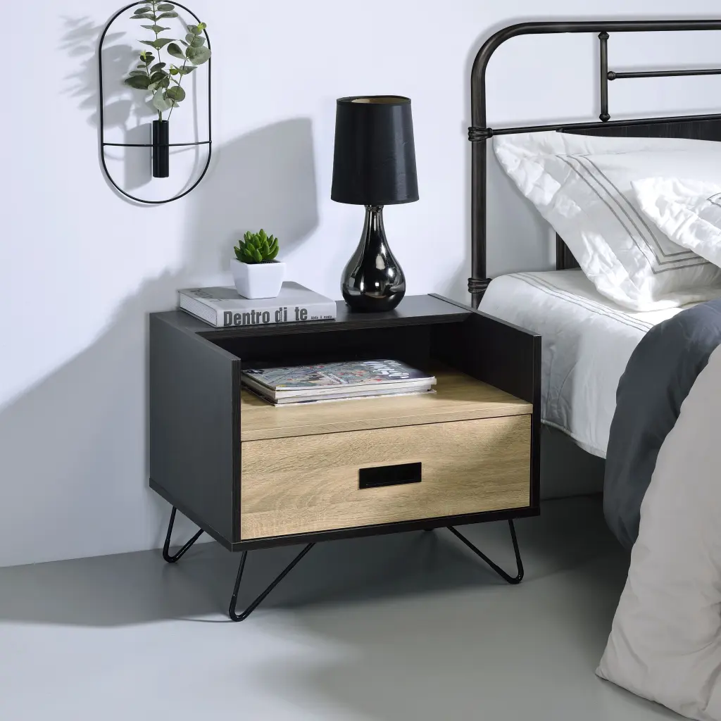 Oak and Black Nightstand 1 Drawer Bedroom Side Table furniture max