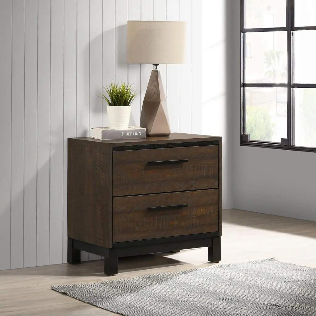 Rustic Dark Metal Alloy 2 Drawer Nightstand Brown Bedroom Storage furniture max