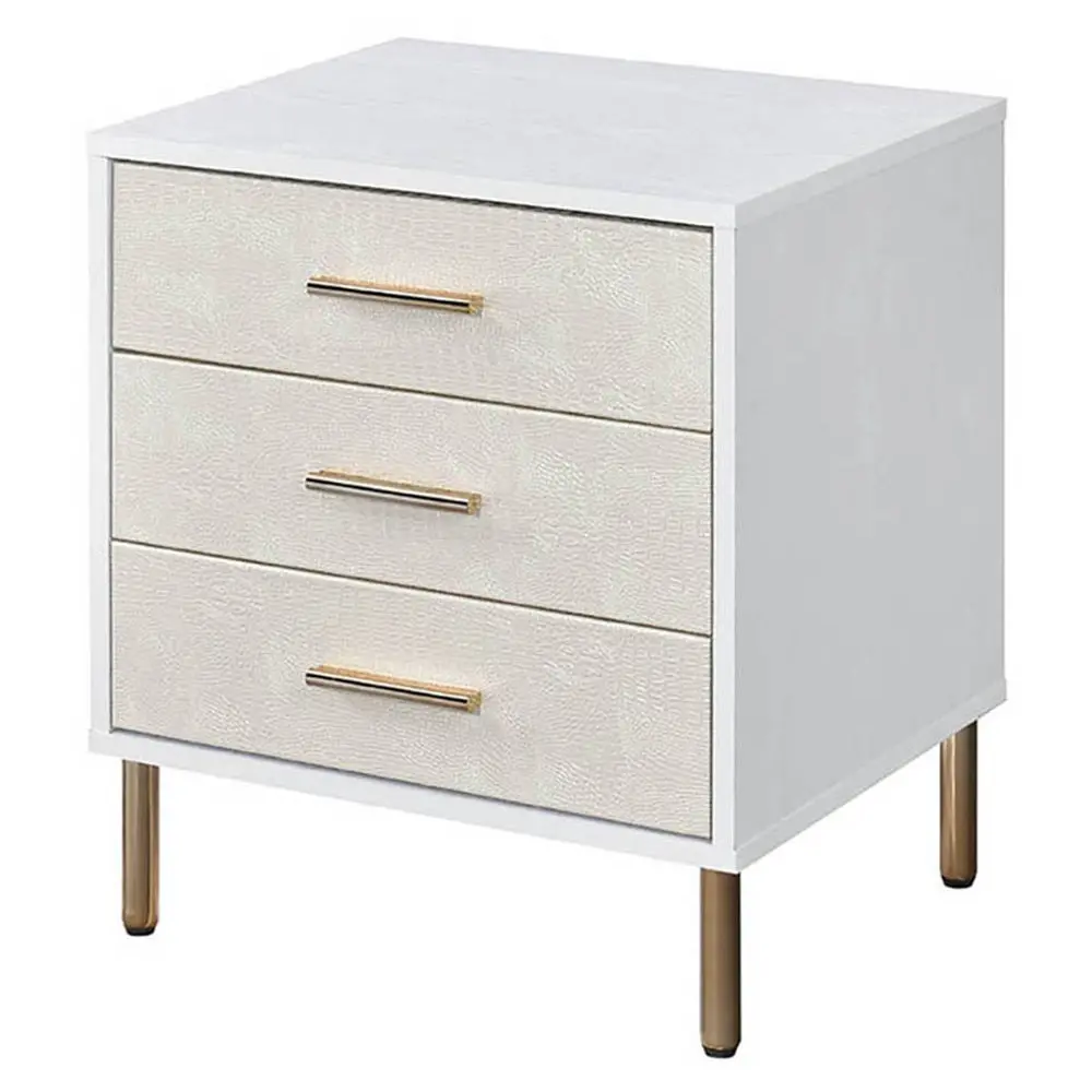 White Champagne And Gold 3 Drawer Nightstand Metal Legs Bedroom Furniture furniture max