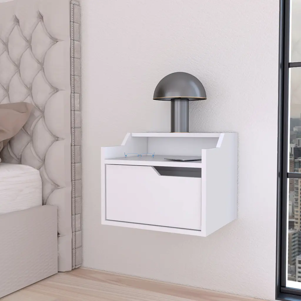 White Dual Shelf Display Nightstand 1 Drawer Floating Bedside Table furniture max