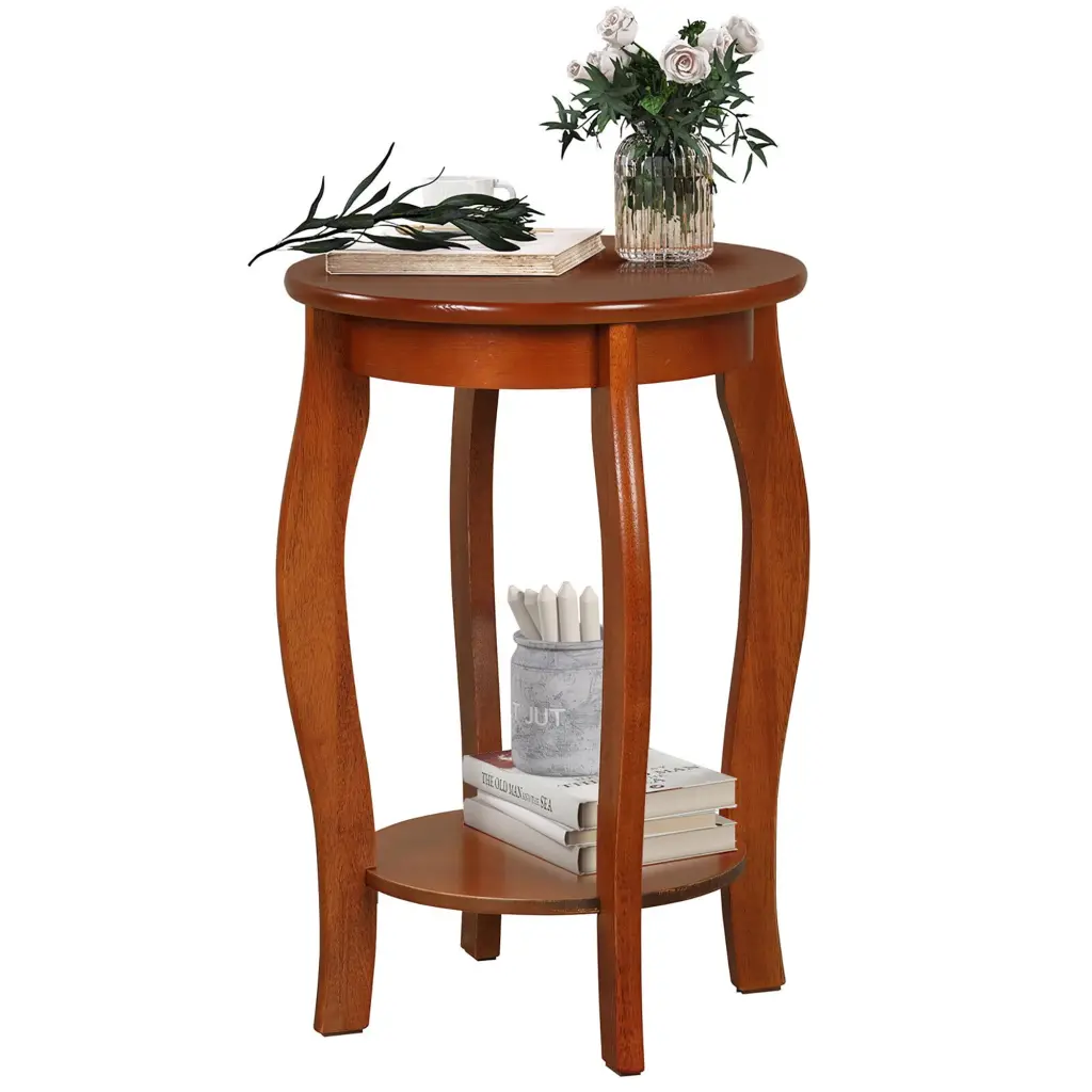 Gymax 2-Tier Round End Table Narrow Sofa Side Nightstand Storage Shelf and Wood Legs