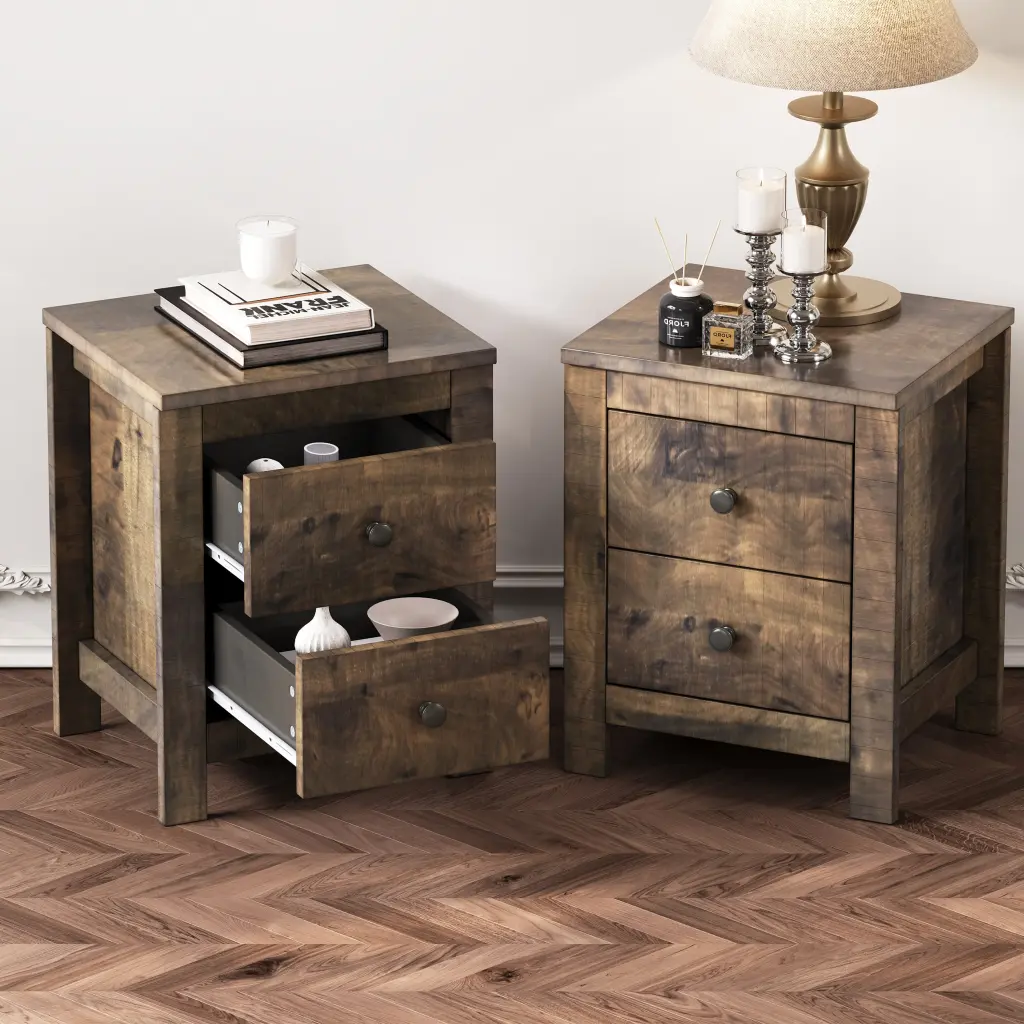 Farmhouse Timber Nightstand Set 2 Retro Design homey life