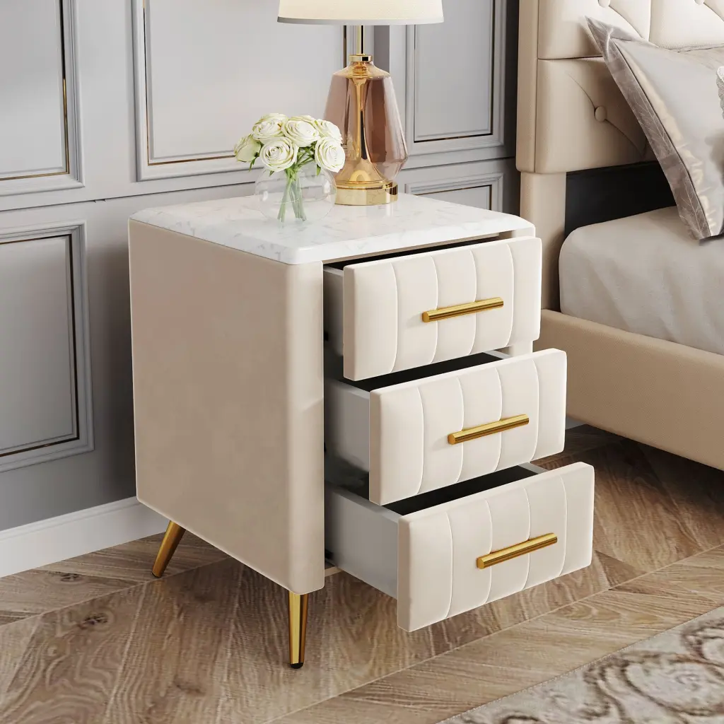 Upholstered Timberen Nightstand 3 Drawers And Metallic Legs & Handles homey life