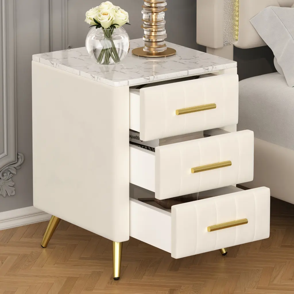 Upholstered Timberen Nightstand 3 Drawers and Metallic Legs and Handles homey life