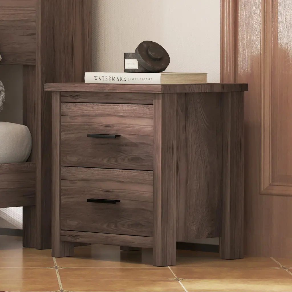 Vintage Two Drawer Nightstand Generous Storage Space Dark Finish homey life