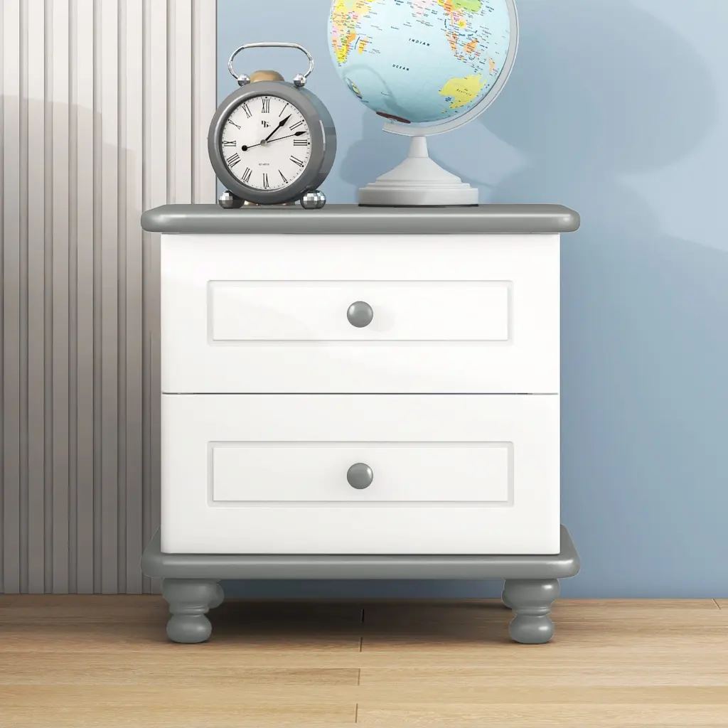 White Wooden Nightstand Two Drawers Kids Bedroom End Table homey life