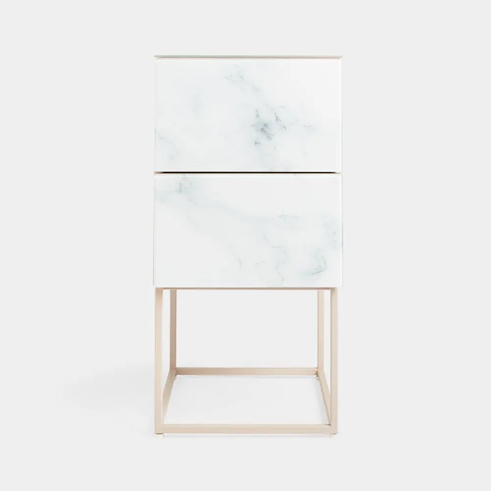 Tempered Crystal Stone Marble Double Drawer Bedside Table Bedroom Luxury hongsing furniture