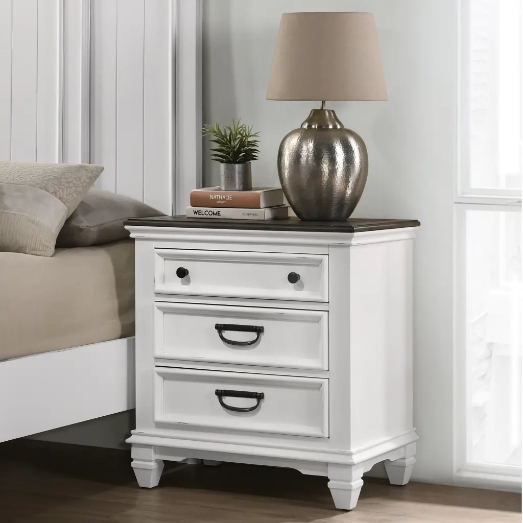 Clelane Wood 3 Drawer Nightstand Weathered White and Gray Finish hz