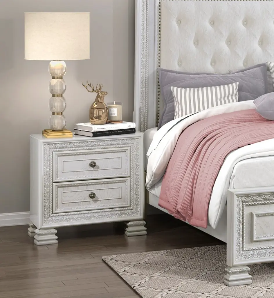 Classic Premium Pearl White Finish Nightstand 2 Drawers Timber Bedroom kanepe