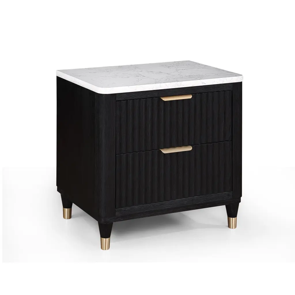Contemporary 2 Drawer Black Nightstand White Top Metallic Knobs Modern Bedside Table kanepe