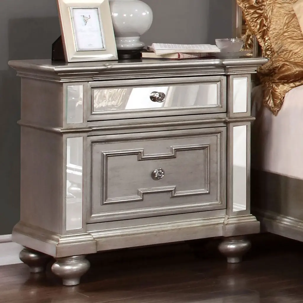 Glam 1Pc Nightstand Shiny Metal Solid Timber Mirror Panel Accents Bedroom kanepe